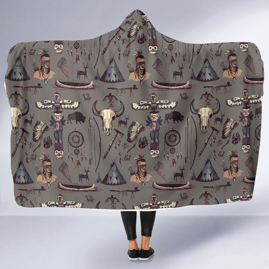 Native Indian life Design Print Hooded Blanket-JTAMIGO.COM