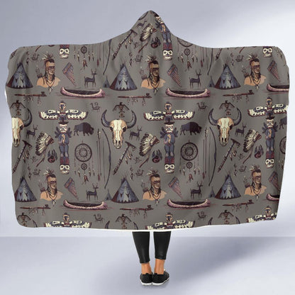 Native Indian life Design Print Hooded Blanket-JTAMIGO.COM