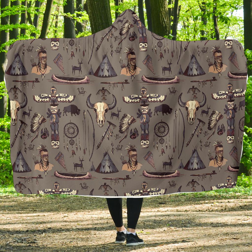 Native Indian life Design Print Hooded Blanket-JTAMIGO.COM