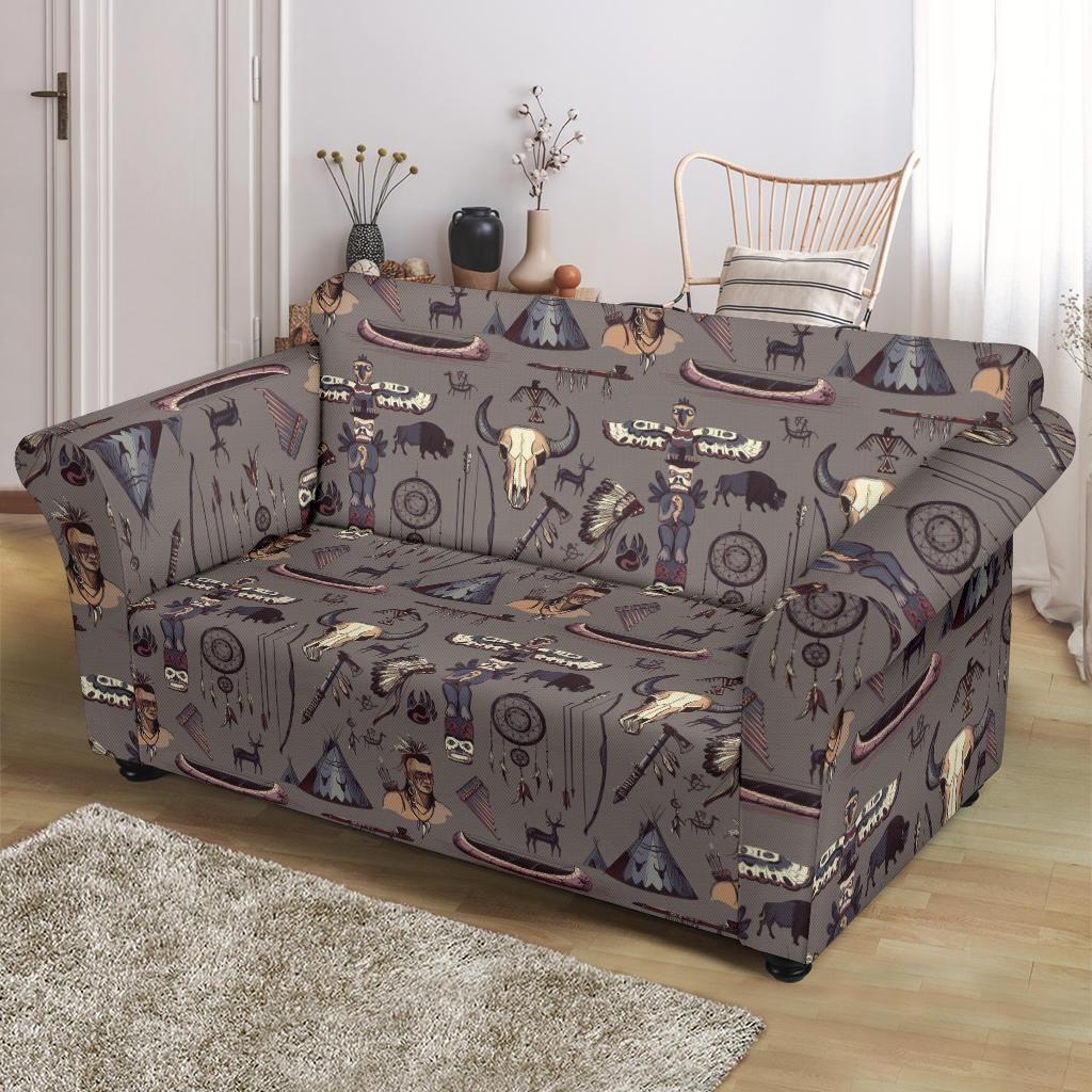 Native Indian life Design Print Loveseat Slipcover-JTAMIGO.COM