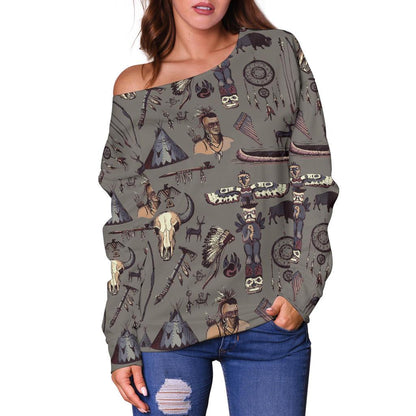 Native Indian Life Design Print Off Shoulder Sweatshirt