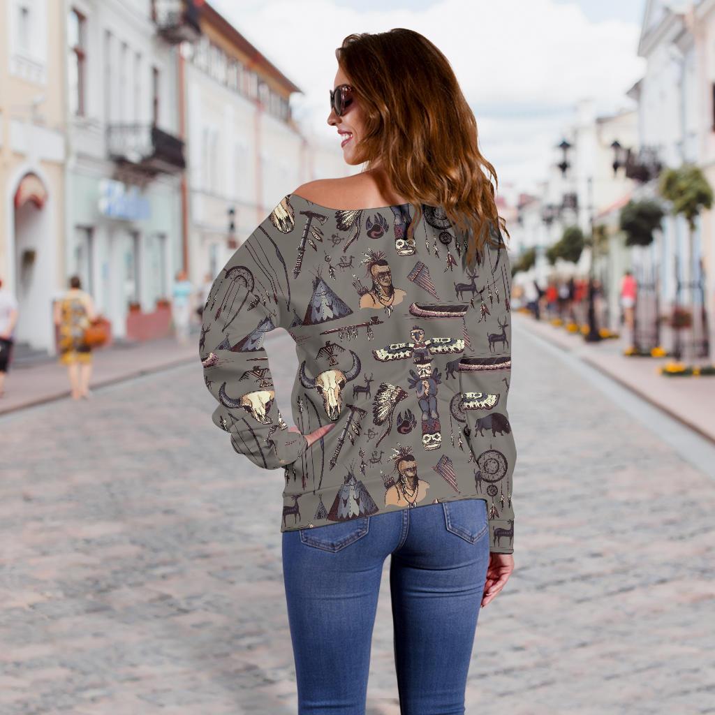 Native Indian Life Design Print Off Shoulder Sweatshirt