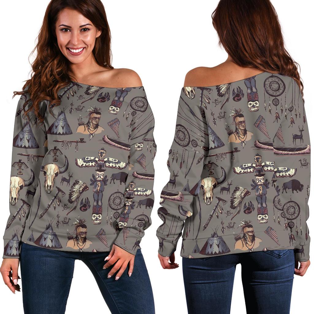 Native Indian Life Design Print Off Shoulder Sweatshirt