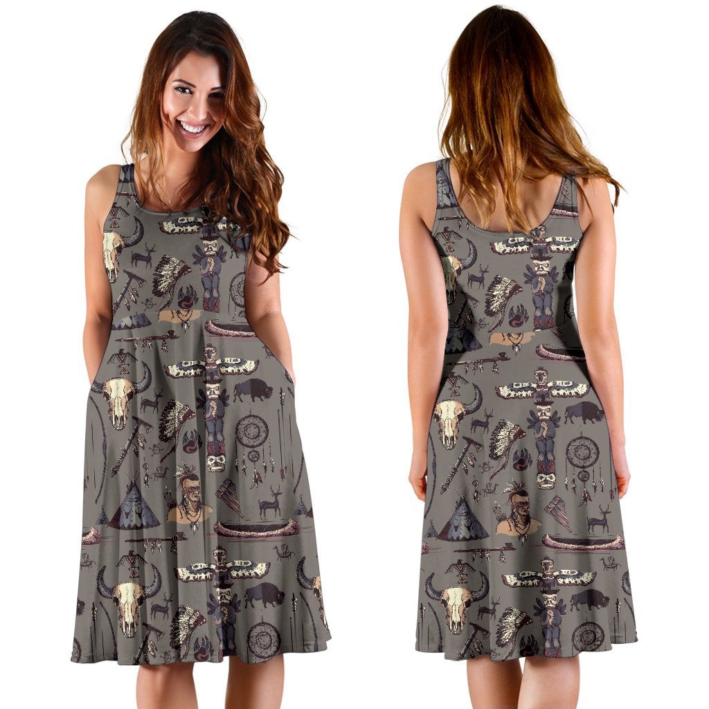Native Indian Life Design Print Sleeveless Dress