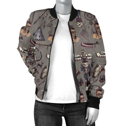 Native Indian life Design Print Women Casual Bomber Jacket