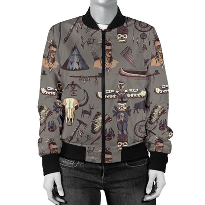 Native Indian life Design Print Women Casual Bomber Jacket