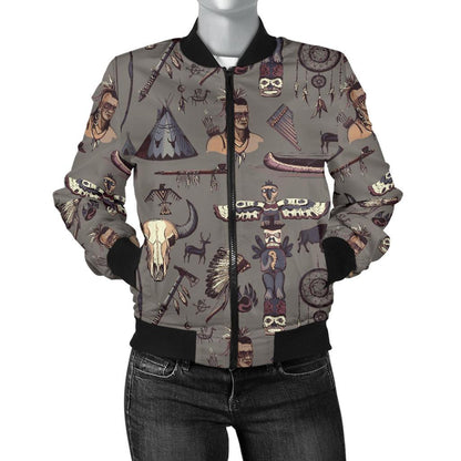 Native Indian life Design Print Women Casual Bomber Jacket