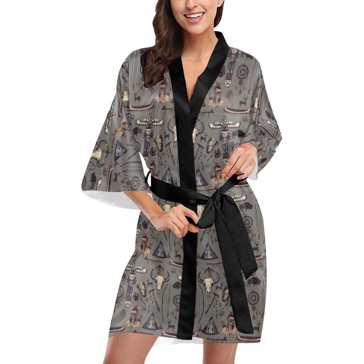 Native Indian life Design Print Women Short Kimono Robe