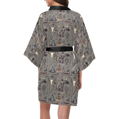Native Indian life Design Print Women Short Kimono Robe