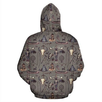 Native Indian Life Design Print Zip Up Hoodie