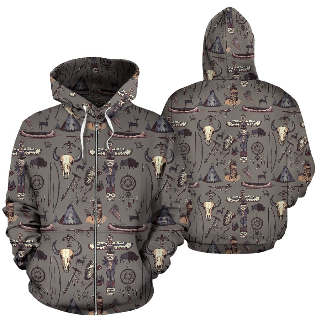 Native Indian Life Design Print Zip Up Hoodie