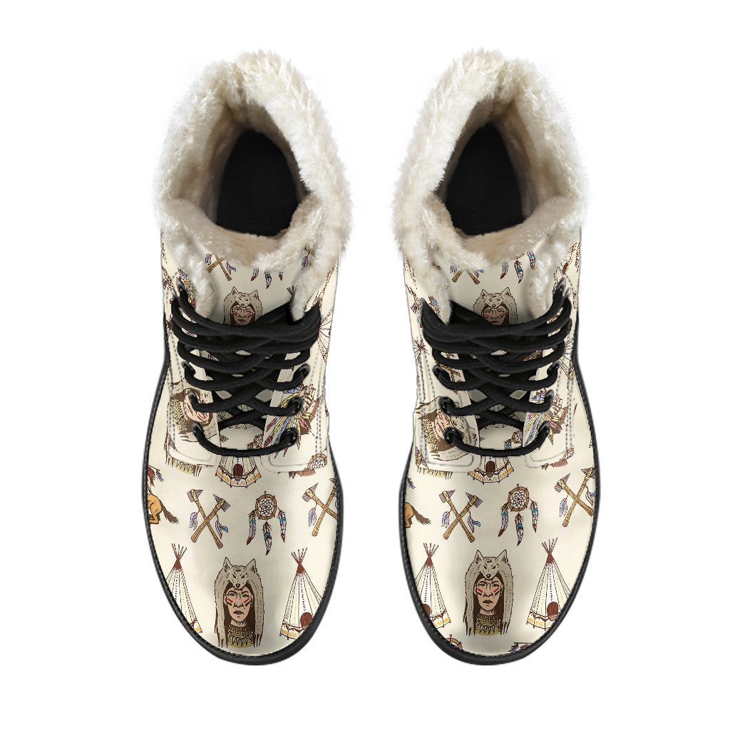 Native Indian Pattern Design Print Faux Fur Leather Boots-JTAMIGO.COM