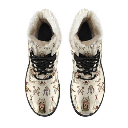 Native Indian Pattern Design Print Faux Fur Leather Boots-JTAMIGO.COM
