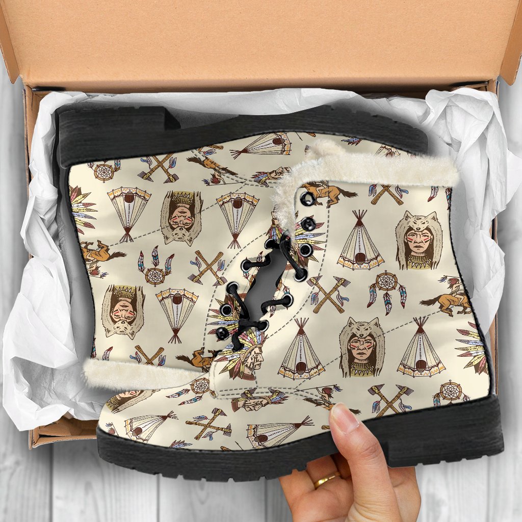 Native Indian Pattern Design Print Faux Fur Leather Boots-JTAMIGO.COM