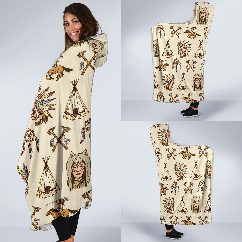 Native Indian Pattern Design Print Hooded Blanket-JTAMIGO.COM