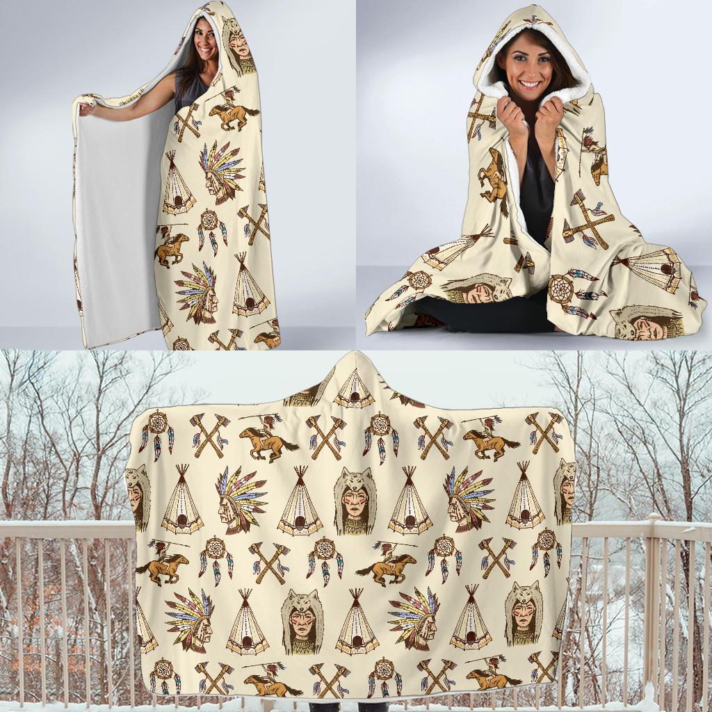 Native Indian Pattern Design Print Hooded Blanket-JTAMIGO.COM