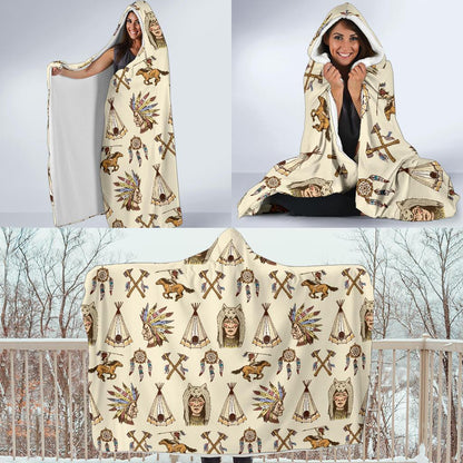 Native Indian Pattern Design Print Hooded Blanket-JTAMIGO.COM