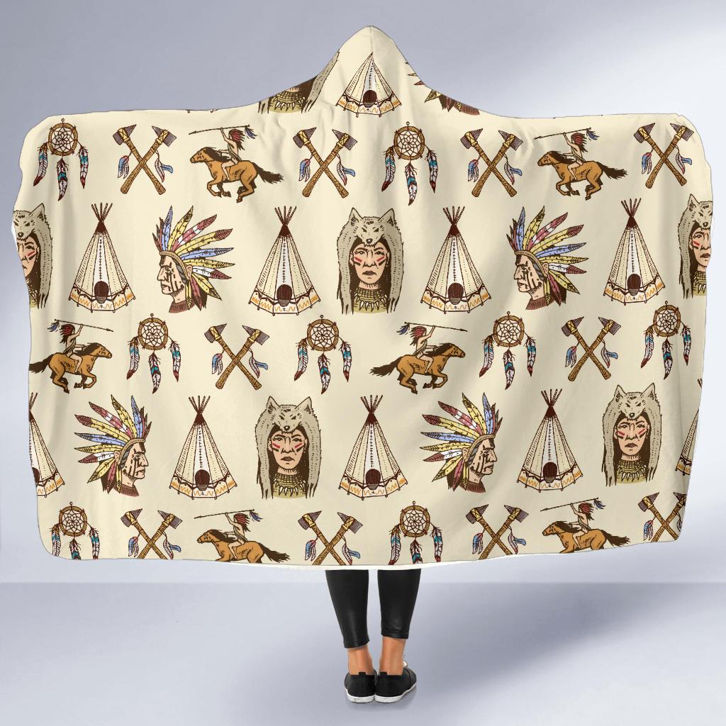 Native Indian Pattern Design Print Hooded Blanket-JTAMIGO.COM