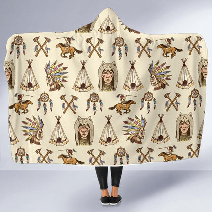 Native Indian Pattern Design Print Hooded Blanket-JTAMIGO.COM