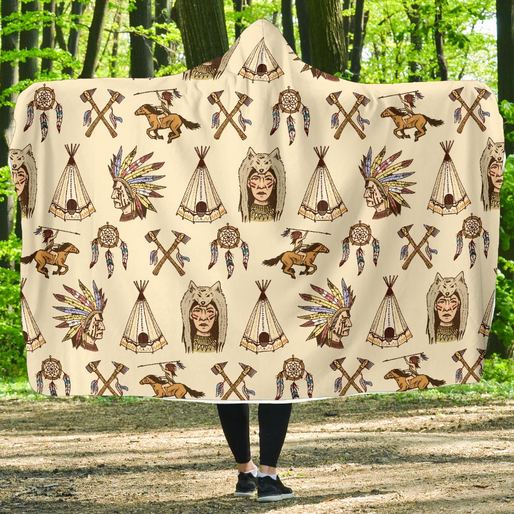 Native Indian Pattern Design Print Hooded Blanket-JTAMIGO.COM