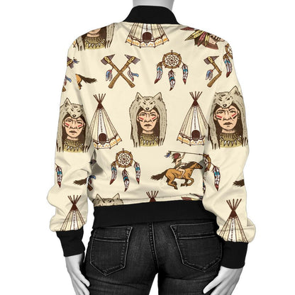 Native Indian Pattern Design Print Women Casual Bomber Jacket