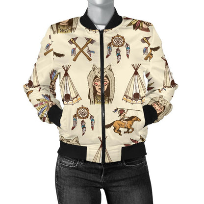 Native Indian Pattern Design Print Women Casual Bomber Jacket