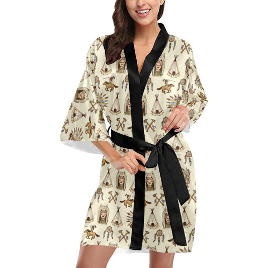 Native Indian Pattern Design Print Women Short Kimono Robe