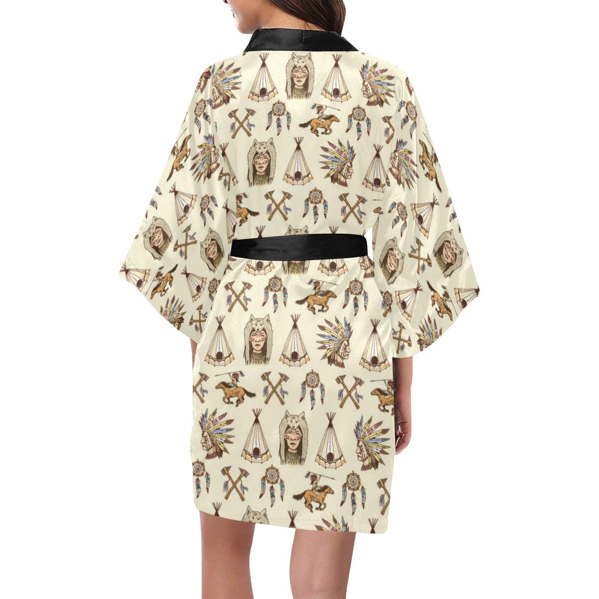Native Indian Pattern Design Print Women Short Kimono Robe