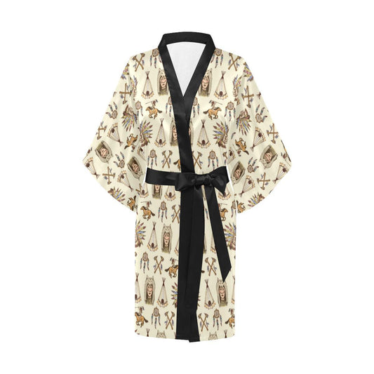 Native Indian Pattern Design Print Women Short Kimono Robe