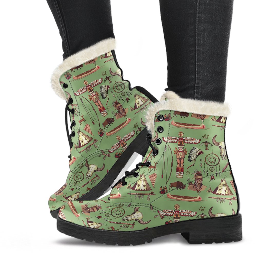 Native Indian Themed Design Print Faux Fur Leather Boots-JTAMIGO.COM