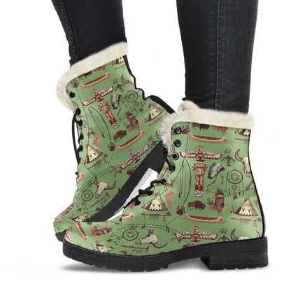 Native Indian Themed Design Print Faux Fur Leather Boots-JTAMIGO.COM