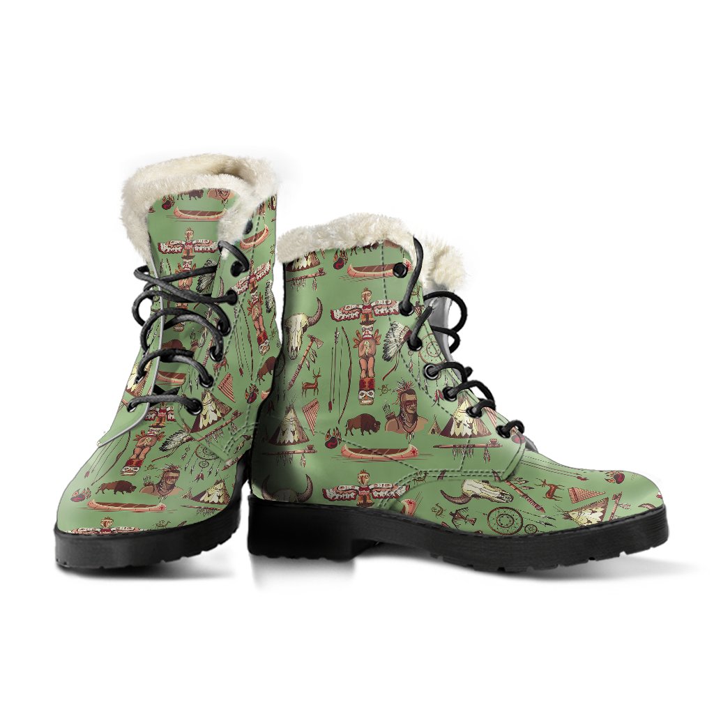 Native Indian Themed Design Print Faux Fur Leather Boots-JTAMIGO.COM