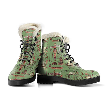 Native Indian Themed Design Print Faux Fur Leather Boots-JTAMIGO.COM