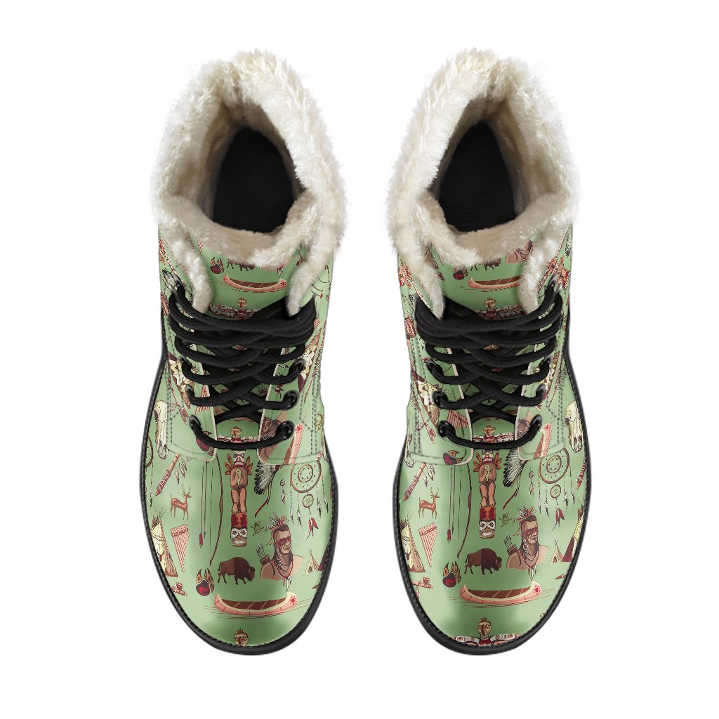 Native Indian Themed Design Print Faux Fur Leather Boots-JTAMIGO.COM