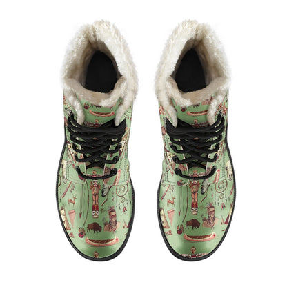 Native Indian Themed Design Print Faux Fur Leather Boots-JTAMIGO.COM