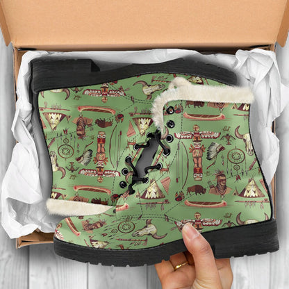 Native Indian Themed Design Print Faux Fur Leather Boots-JTAMIGO.COM
