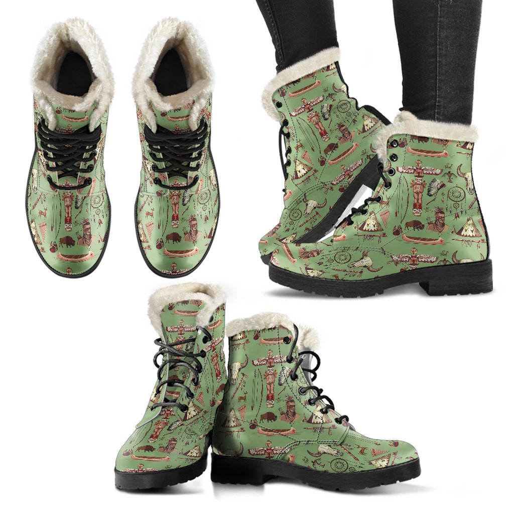 Native Indian Themed Design Print Faux Fur Leather Boots-JTAMIGO.COM