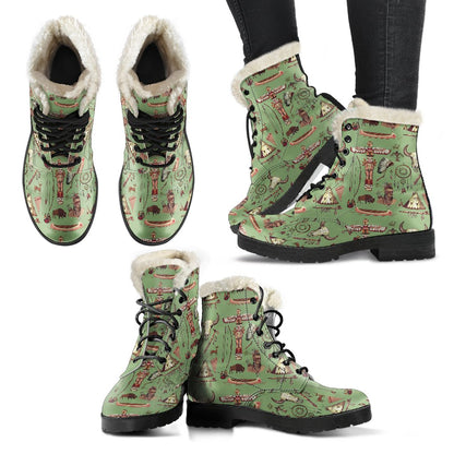 Native Indian Themed Design Print Faux Fur Leather Boots-JTAMIGO.COM