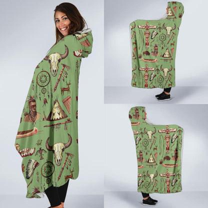 Native Indian Themed Design Print Hooded Blanket-JTAMIGO.COM