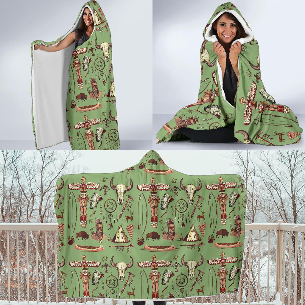 Native Indian Themed Design Print Hooded Blanket-JTAMIGO.COM
