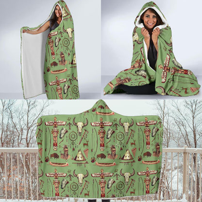 Native Indian Themed Design Print Hooded Blanket-JTAMIGO.COM