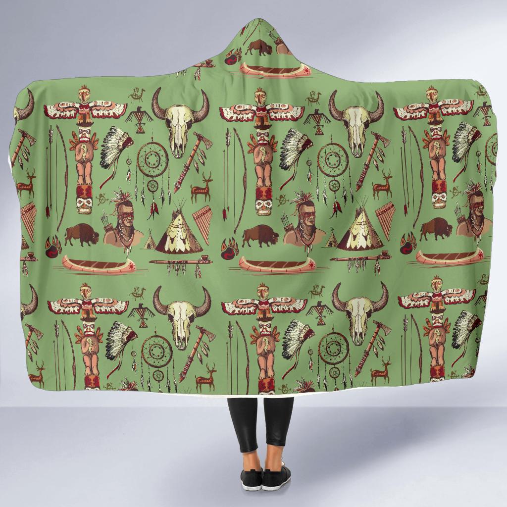 Native Indian Themed Design Print Hooded Blanket-JTAMIGO.COM