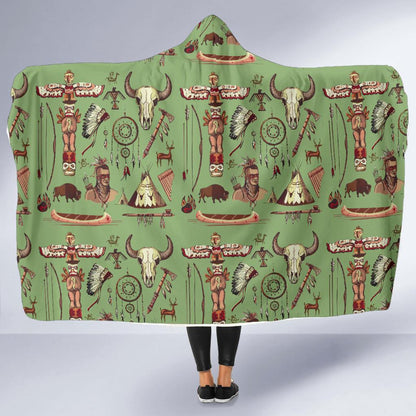 Native Indian Themed Design Print Hooded Blanket-JTAMIGO.COM