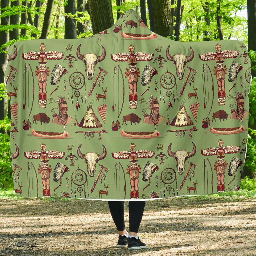 Native Indian Themed Design Print Hooded Blanket-JTAMIGO.COM