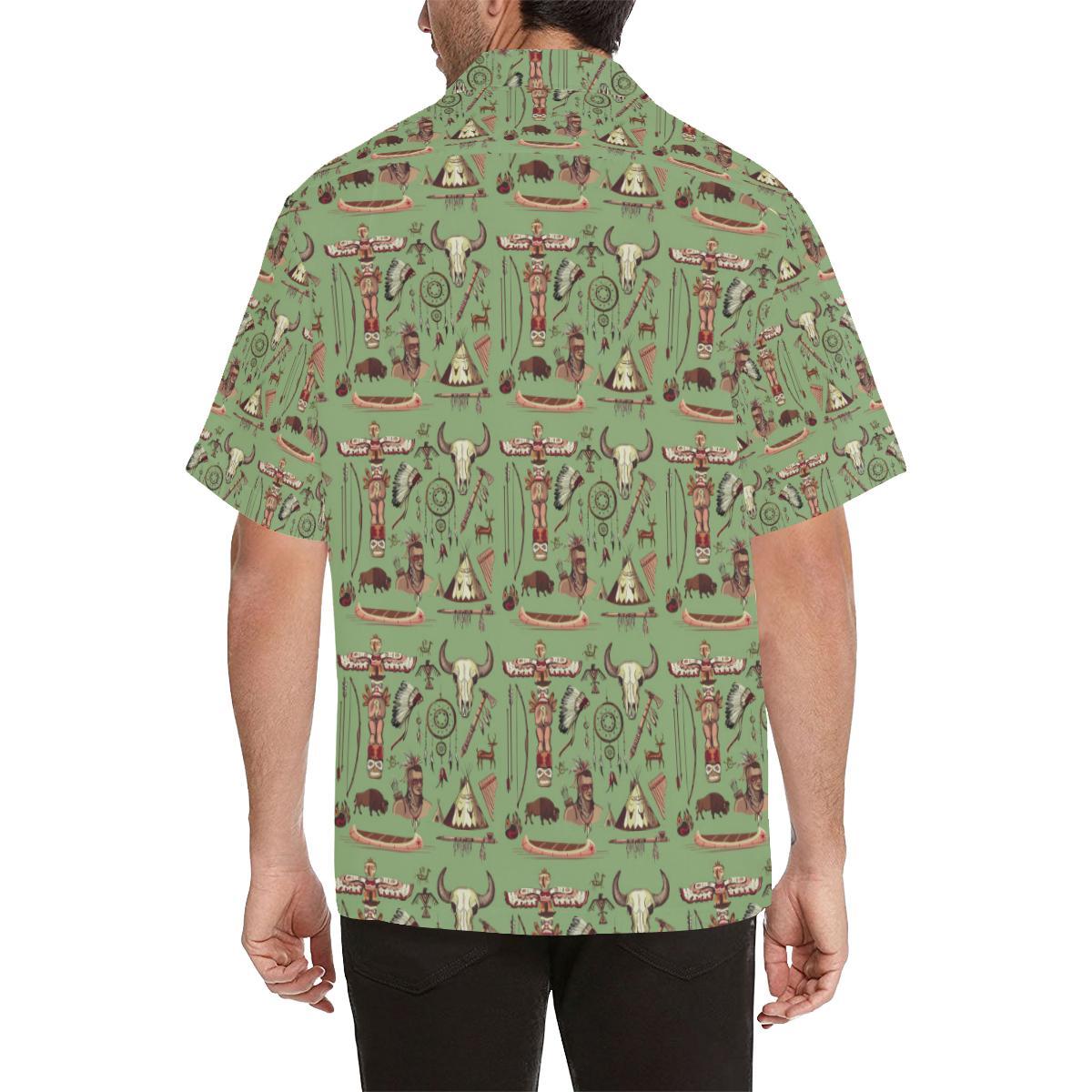 Native Indian Themed Design Print Men Aloha Hawaiian Shirt