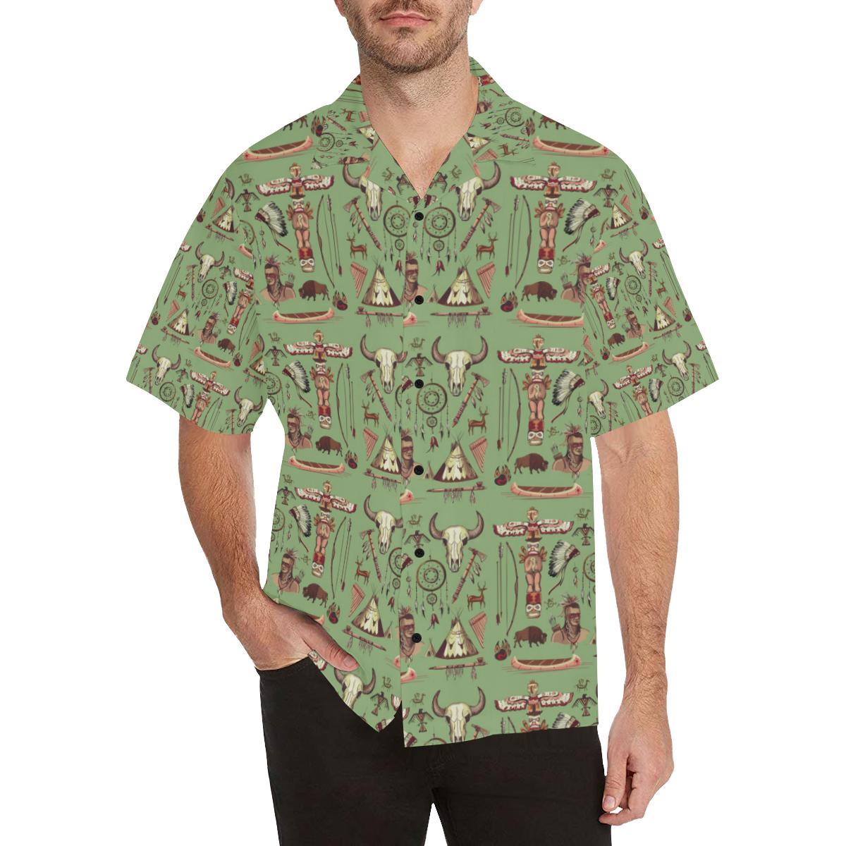 Native Indian Themed Design Print Men Aloha Hawaiian Shirt