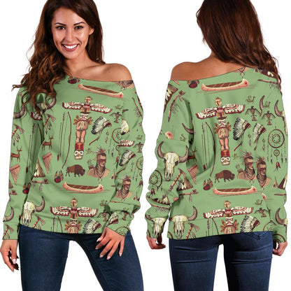 Native Indian Themed Design Print Off Shoulder Sweatshirt