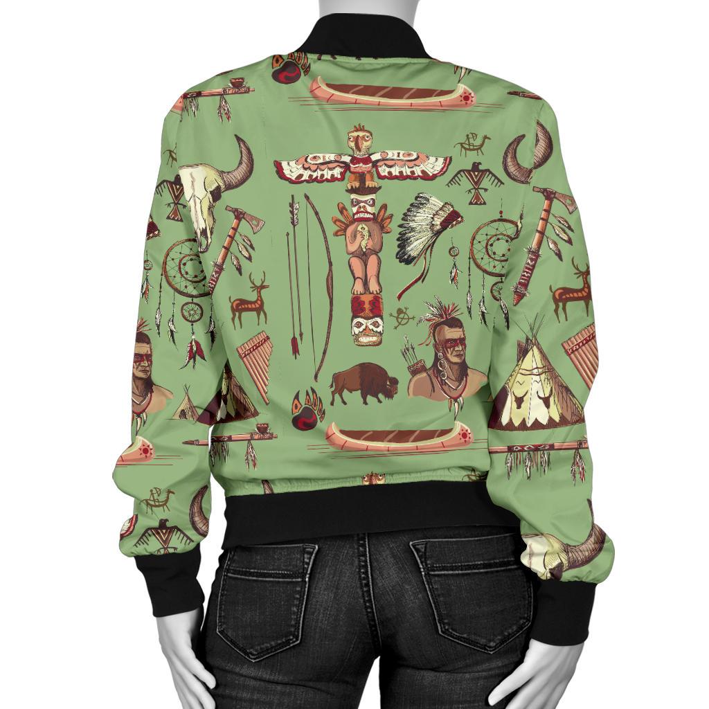 Native Indian Themed Design Print Women Casual Bomber Jacket