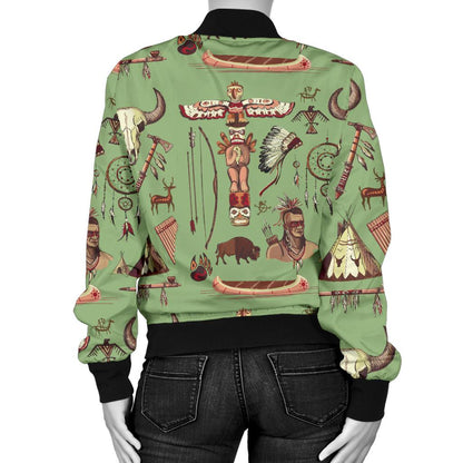 Native Indian Themed Design Print Women Casual Bomber Jacket