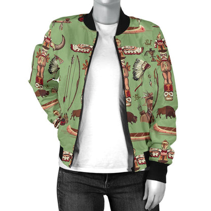 Native Indian Themed Design Print Women Casual Bomber Jacket